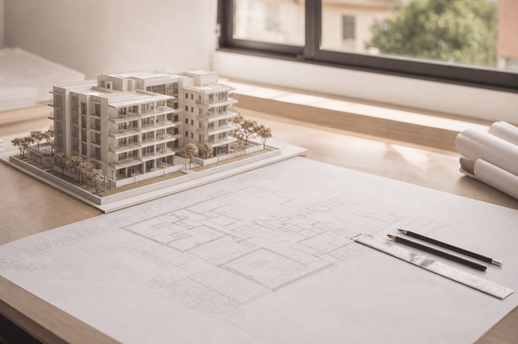 Planos y maqueta para estudiar una promoción inmobiliaria; imagen ilustrativa.