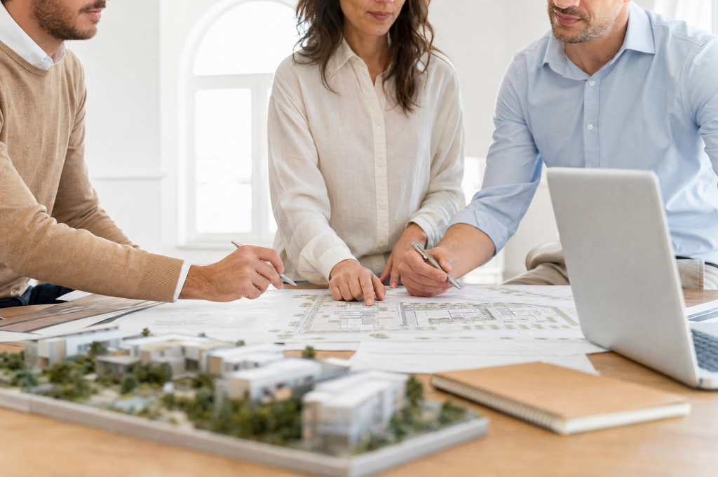 Reunión de análisis y planificación de un desarrollo inmobiliario; imagen ilustrativa.